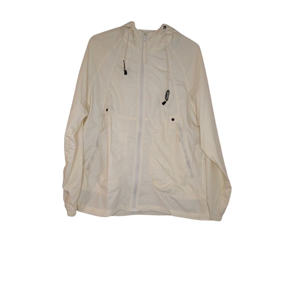 Cream Windbreaker Jacket Womens Size M Full Zip Hooded Lightweight Coat Utility